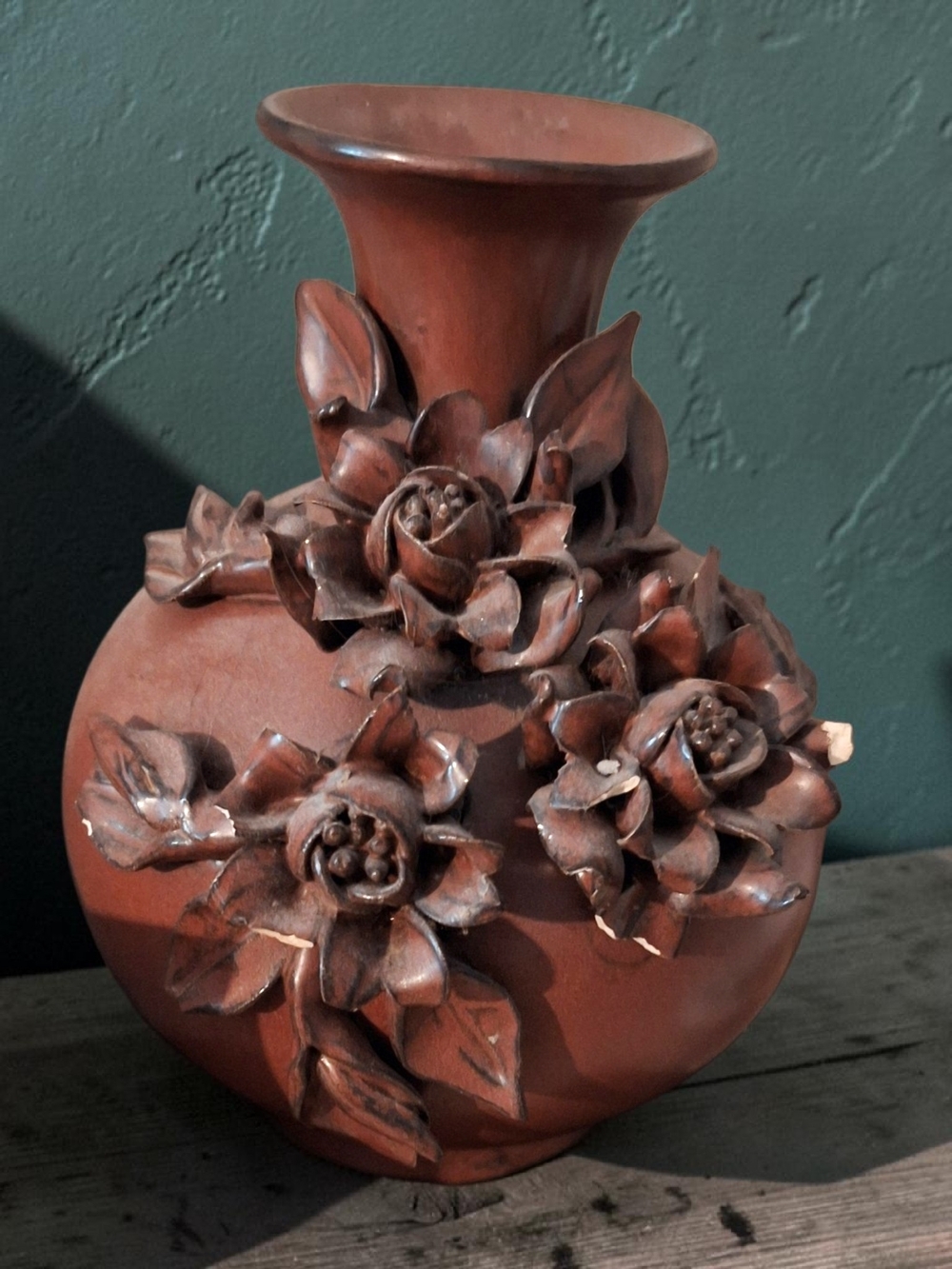 Antique Chinese Floral Hand Carved Red Soapstone Vase!